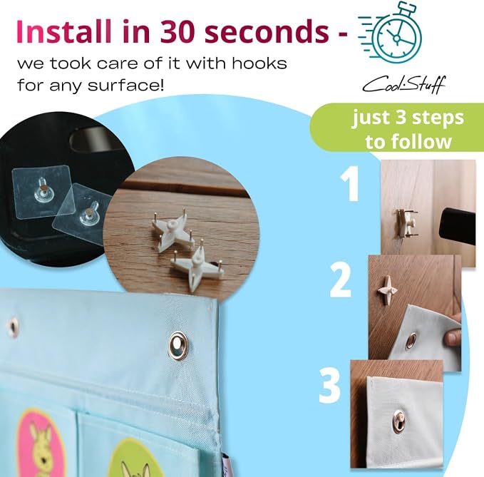 Cool-Stuff Kids Hanging Clothes Organizer – Over The Door Storage for Pajamas, Toys, Socks – Wall Mount Closet Organizer for Toddler, Preschool, Kindergarten – Water-Resistant, Blue, 44x14.5