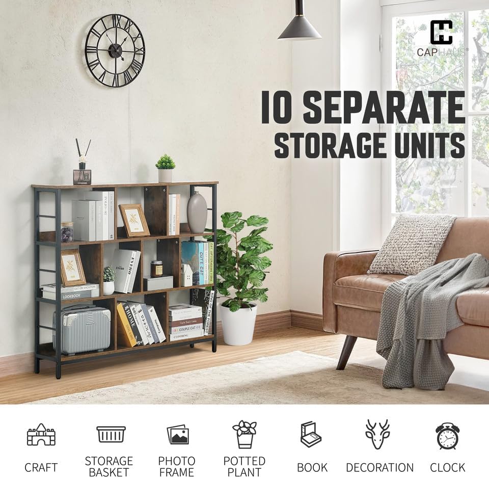 CAPHAUS 10 Cube Storage Organizer, 48” Wide 3 Tier Rustic Oak Industrial Open Shelf Bookcase, Display Shelf, Horizontal 