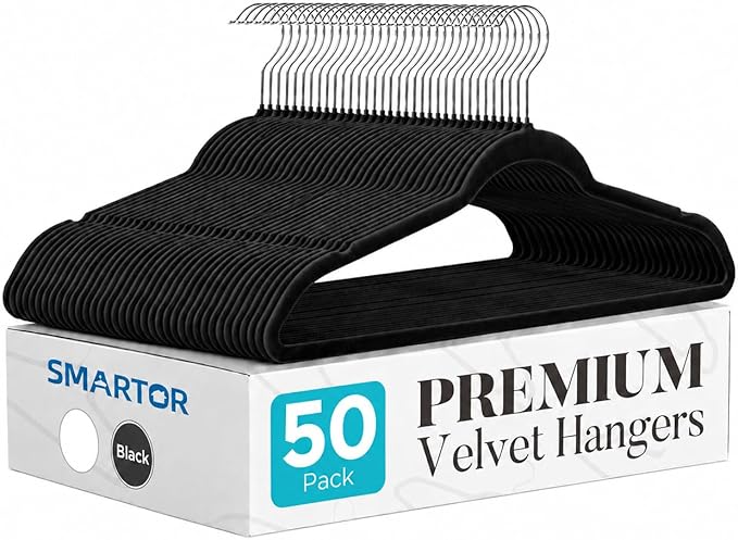 Smartor Black Velvet Hangers 50 Pack, Non Slip Space-Saving Clothes Hangers | Premium Slim Felt Hanger for Closet Organizers and Storage, Heavy Duty Hanger with Shoulder Notches and 360° Hooks for Coats