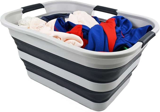 SAMMART 30L(8 gallon) Collapsible Plastic Laundry Basket - Foldable Pop Up Storage Container/Organizer - Space Saving Hamper/Basket - Water Capacity 24L(6.3 gallon) (1, Grey/Slate Grey)