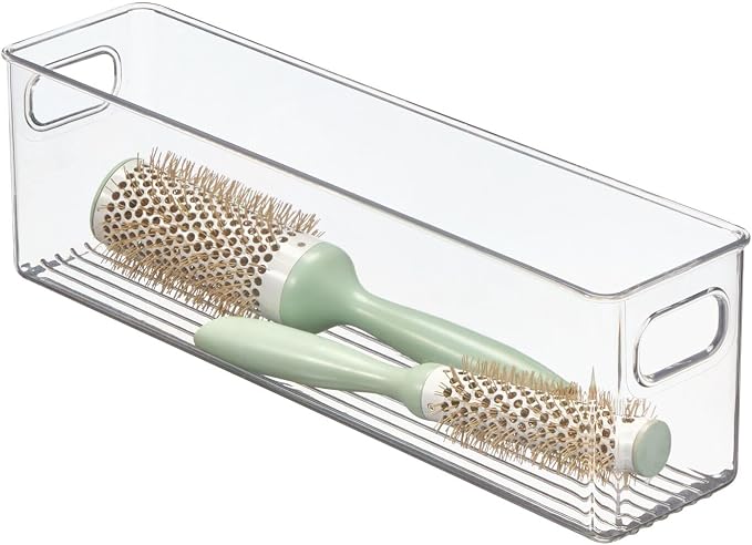 mDesign Plastic Bathroom Storage Container Bins w/ Handles - Closet, Cabinet, Vanity, Cupboard Shelf Organization, Hair Tools Accessory Organizer - Ligne Collection; Clear, ‎5x3.75x16 (Pack of 8)