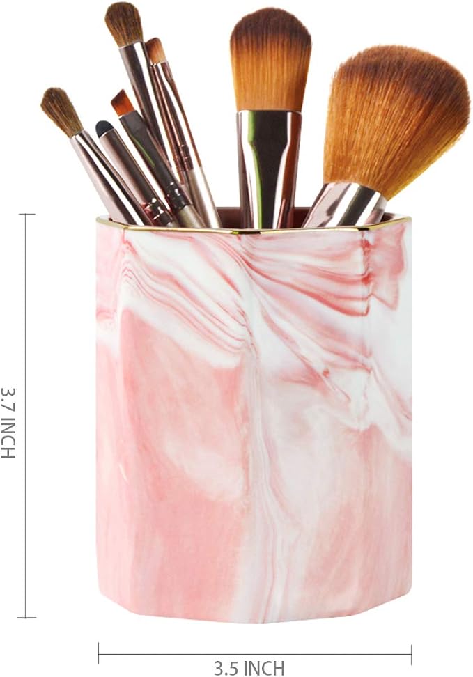 Pen Pencil Holder for Desk, Durable Ceramic Pens Organizer, Makeup Brush Holder, Table Decor and Desk Accessories, Perfect Office Home Organization for Women Girl, Teacher Supplies, Pink Marble