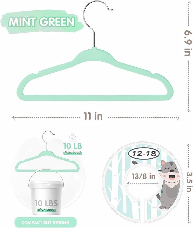 VIS'V Velvet Baby Hangers with 6 Pcs Dividers, 11 Inch, Mint Green, 30 Pcs | Compact Size, Non Slip, Infant Toddler Nursery Closet Organization