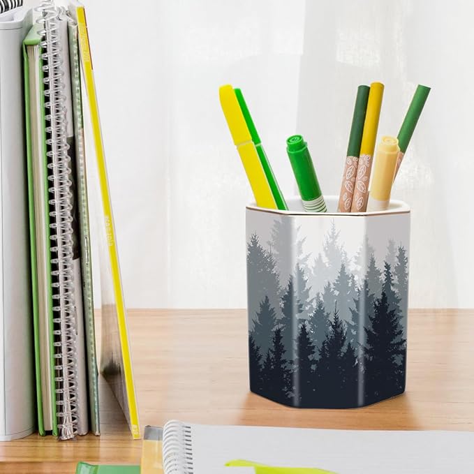 Pencil Pen Holder for Desk, Cute Makeup Brush Holder, Desktop Supplies and Accessories for Women Students, Art Supply Caddy, Forest Pattern