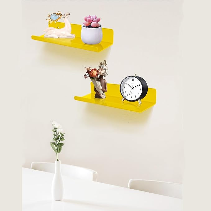 ROYALITA 2-Pack Small Acrylic Shelves Wall Mounted, 12 in Display Shelves | for Small Items, Plants, Room Decor Floating Wall Shelves for Gaming Room, Bedroom, Living Room, Office, Yellow
