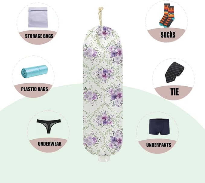 2Pcs Flower Plastic Bag Holder 22.5x9 Inch, Wall Mount Grocery Bag Holder for Plastic Bags, Bow Washable Grocery Bags Storage Dispenser for Home Kitchen Decor, Purple Flower Gifts for Women Mom