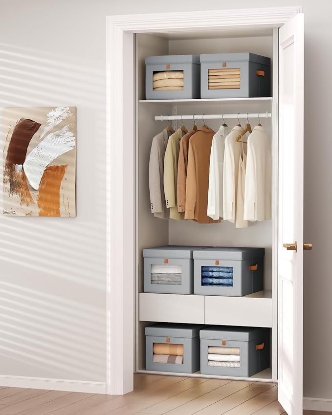 Homsorout Storage Bins with Lid – Closet Organizer with Side Opening and Clear Window, Foldable Stackable Fabric Basket for Clothes, Home, Office - 13.77" x 11.8" x 9.8", 4 Pack, Grey