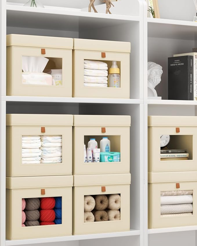 Homsorout Storage Bins with Lid – Closet Organizer with Side Opening and Clear Window, Foldable Stackable Fabric Basket for Clothes, Home, Office - 13.77" x 11.8" x 9.8", 4 Pack, Beige