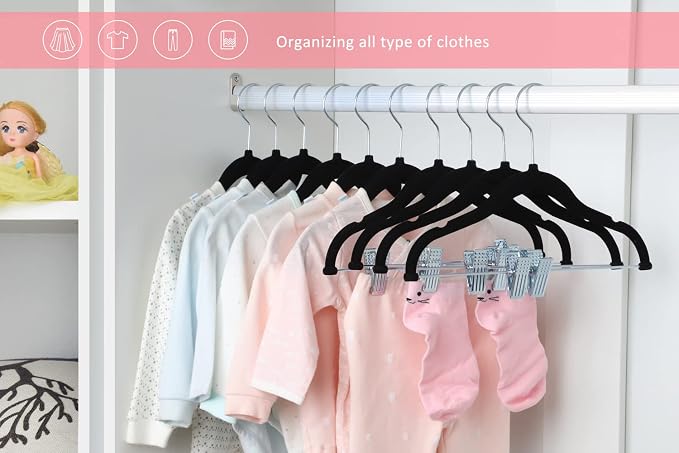 ManGotree 11.8'' Baby Velvet Hangers with Movable Clips, Non-Slip Kids Clothes Hangers, Ultra-Thin Space-Saving Children's Felt Hangers for Shirts, Pants, Dresses, Skirts, Jackets (16 Pack, Black)