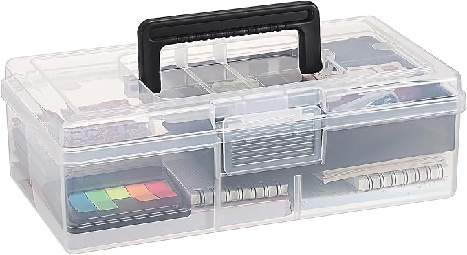 JUXYES Clear Art Craft Supply Storage Bin Sewing Box With Handle Lid | Clear Stackable Latching Craft Storage Bin for School Office, Organizing Stationery, Sewing, Art Craft, DIY Supplies