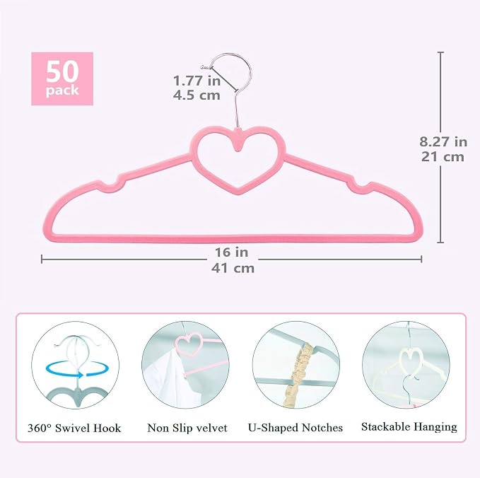Velvet Hangers 50 Pack,16 Inch Non Slip Adult Heart Hanger (Pink) | 360° Swivel Hooks, Cascade Design, Space Saving