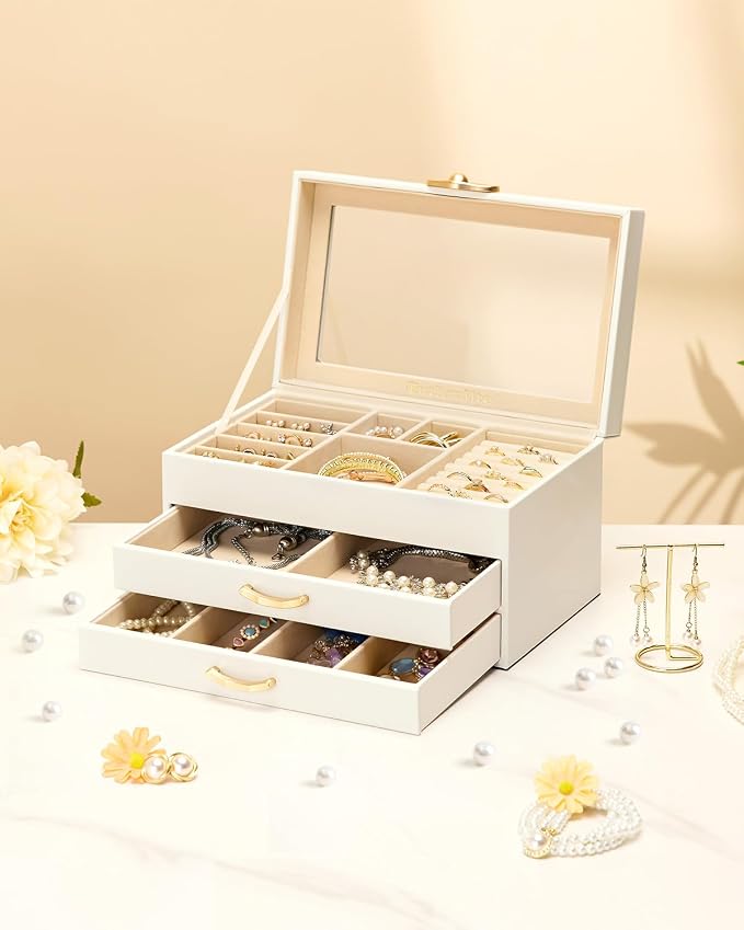 Enthralite Jewelry Box with 2 Drawers: Display Organizer for Earrings Necklaces - Gift for Girls Women (White) | Space-Saving Design for Elegant Vanity Order - Storage for Ring Earring Necklace Bracelet - Suits Women Who Value Style