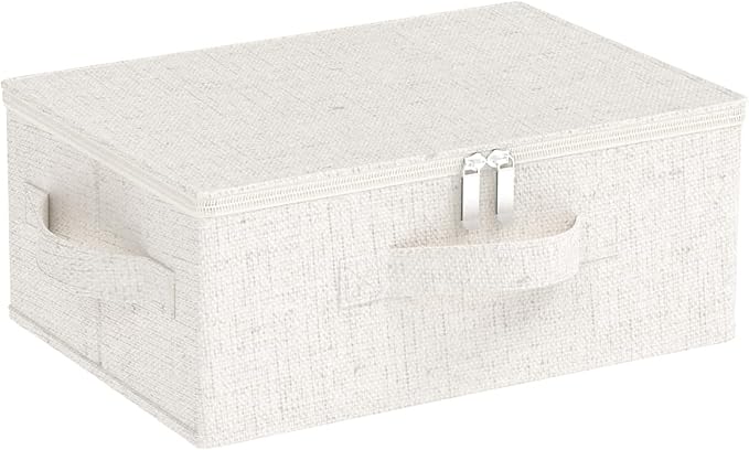 Underbed Storage Box with Lid, Foldable Clothes Organizers, Home Organising Baskets for Clothes, Shoes, Blankets, Pillows, 14.9x10.2x5.9Inches, Beige, 1 Pack