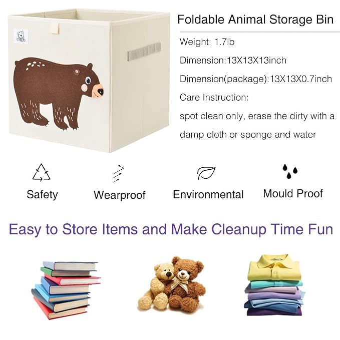 Foldable Animal Cube Storage Bins Fabric Toy Box/Chest/Organizer for Toddler/Kids Nursery, Playroom, 13 inch (Bear)
