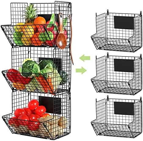 X-cosrack Metal Wire Basket Wall Mount, 3 Tier Wall Storage Basket Organizer with Hanging Hooks Chalkboards, Rustic Kitc