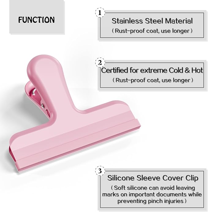 HOUSE AGAIN 12 Pack Stainless Steel Chip Bag Clips Covered with Silicone - NO More Sharp Edges - Color Coded for Food Bags - Air Tight Seal, Heavy Duty for Kitchen and Office, 3 Inches Wide, Pink