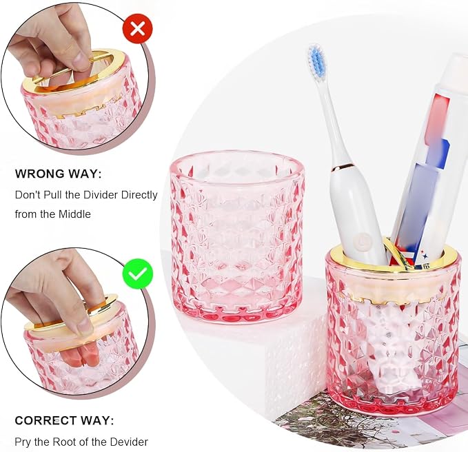 2pcs Pink Toothbrush Holders for Bathrooms, Glass Toothbrush Holder and Bathroom Tumbler Cup Set, Gold Bathroom Tooth Brush Cup Organizer for Brushes,Toothpaste and Razor