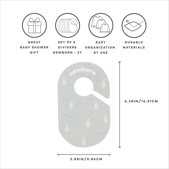 3 Sprouts Baby Closet Dividers, Newborn to 2T, Rabbit, 8 Piece Set | Newborn to 2T sizing, 8-piece set, Double-sided size labels, Age labels, Nursery closet storage, Baby clothes organizer