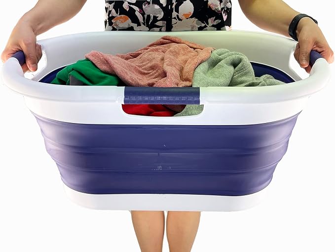 SAMMART 40L (10.5 gallon) Collapsible Plastic Laundry Basket - Foldable Pop Up Storage Container/Organizer - Portable Washing Tub - Space Saving Hamper/Basket (White/Navy Blue)