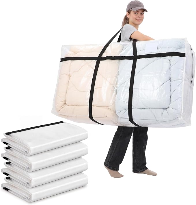 Windyun 4 Pack 98 Gallon Extra Large Moving Bags XXL Heavy Duty Storage Bag with Strong Zipper Handle Jumbo Big Tote Box Foldable for College Dorm Travel Clothes Duffle Blanket Pillow(Transparent)