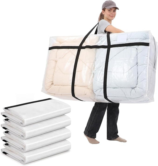 Windyun 4 Pack 98 Gallon Extra Large Moving Bags XXL Heavy Duty Storage Bag with Strong Zipper Handle Jumbo Big Tote Box Foldable for College Dorm Travel Clothes Duffle Blanket Pillow(Transparent)
