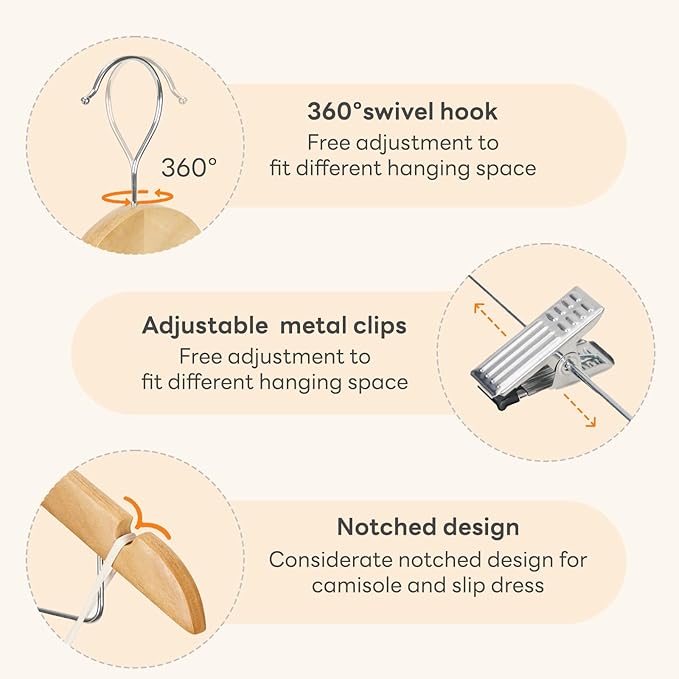 HOUSE DAY 24 Pack High-Grade Wooden Suit Hangers Skirt Hangers with Clips Solid Wood Pants Hanger Natural Smooth Finish Premium Wood Hanger with Durable Metal Clips for Blouse, Dress, Coat, Jacket
