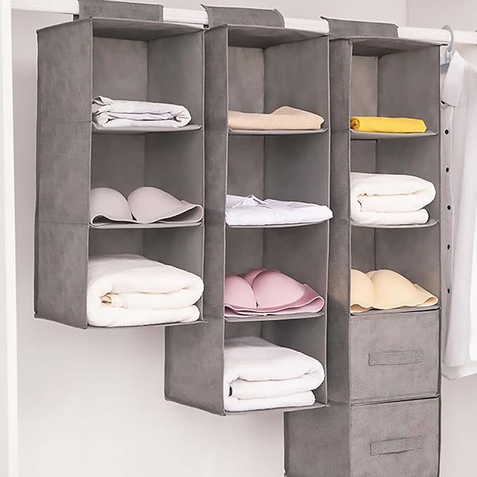 Closet Organizers and Storage System Wardrobe Collapsible Hanging Shelves Basket for Baby Clothes Dress Up Sweater College Dorm Essentials Bedroom Accessories Apartment for Guys Best (Grey 4 Cubes)