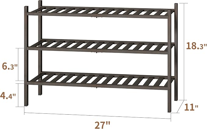 Bamboo Shoe Rack Stackable Shoe Shelf Storage Organizer for Unit Entryway Hallway and Closet Sturdy Freestanding Shoe Shelf(3 Tier Brown)