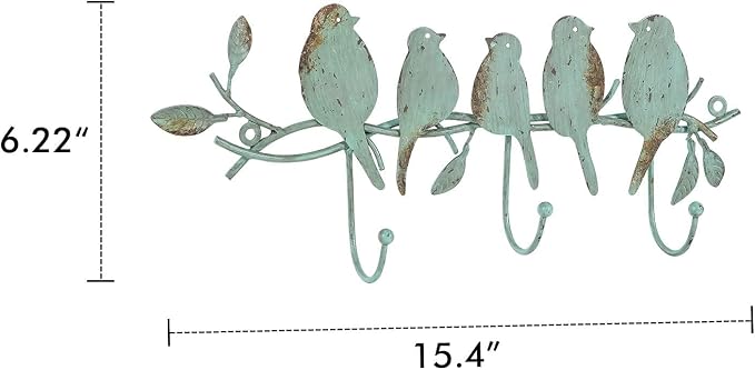 SOFFEE DESIGN Vintage Metal Wall Mounted Coat Rack with 3 Hooks, Birds on Tree Branch Hanger Key Holder Wall Organizer for Hats, Towels, Clothes, Scarves, Jewelry Wall Decoration - Green