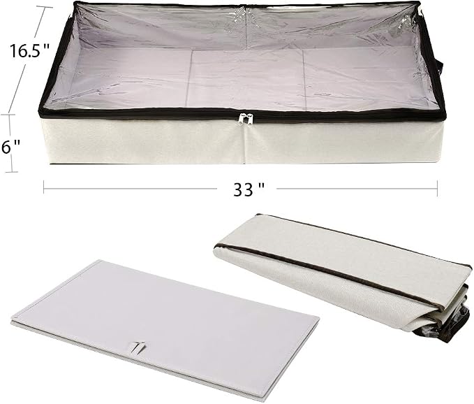 HOONEX Under Bed Storage Containers Zippered Clear Top Lid, Outer Linen Fabric, Reinforced Frame and Sturdy Bottom, 2 Leather Carrying Handles, 2 Pack, Beige