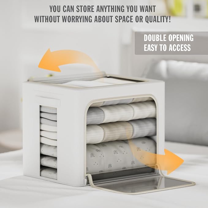 FHSQX 2 Pack Clear Window Storage Bins Large Stackable Linen Fabric Storage for Clothes Foldable Container Organizer Set with Carrying Handles (Lvory White, 23.6x 16.5x 15.7 Inch)
