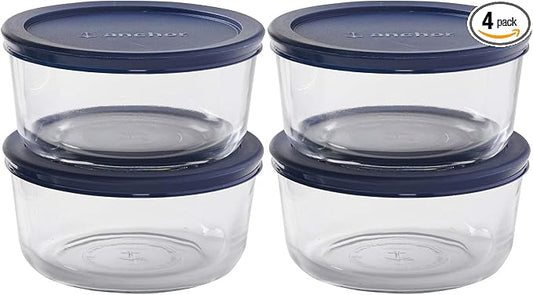 Anchor Hocking SnugFitTM Round Food Storage Containers with Lids (4-Piece, 4-cup, Navy Blue, oven-safe)