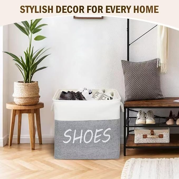 Large Fabric Shoe Basket,Flodable Shoe Storage Bin for Entryway,Hallway or Mudroom,Stylish Shoe Storage Container (Large-2 Pack)