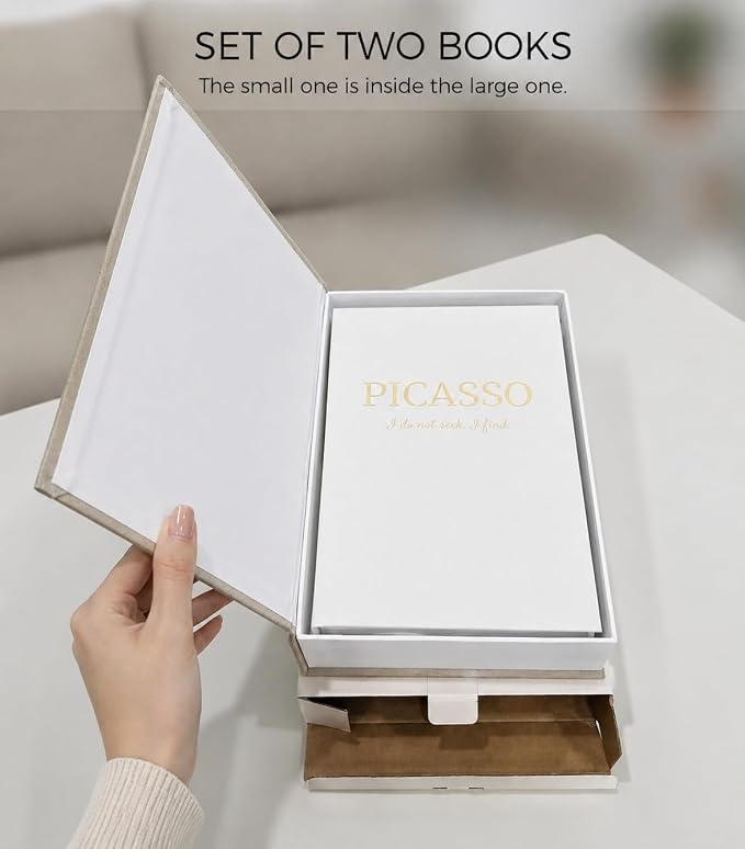 Decorative Books with Picture Frame Set - Set of 2 Decorative Books for Home Decor - Linen Faux/Fake Book for Coffee Table, Bookshelf or Bedside Decor - Hidden Storage Box for Remote & Photo