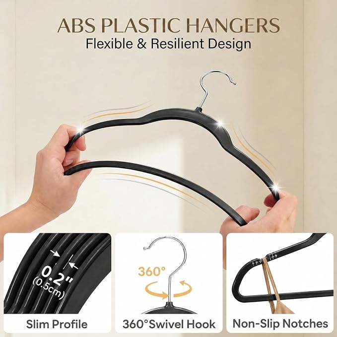 SMARTOR Plastic Hangers 50 Pack, Heavy Duty Plastic Hangers for Clothes - Non-Velvet Slim Hangers with 360° Swivel Hook & Clothes Thin Hanger - Durable Coat Hangars, Space Saving Hanger - Black