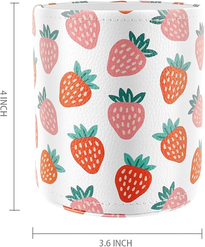 Pen Holder for Women Girls, Pencil Cup Pink Desk Decor, Makeup Brush Holder Large Pu Leather Multi-Functional Organizer Cup for Office, Classroom, Home, Strawberry