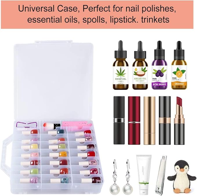 SUBAY 2 Pcs Portable Nail Polish Organizer, Clear Double Side Nail Polish Holder ,Gel Nail Storage for 48 Bottles with 6 Adjustable Dividers in Each Side Space Saver