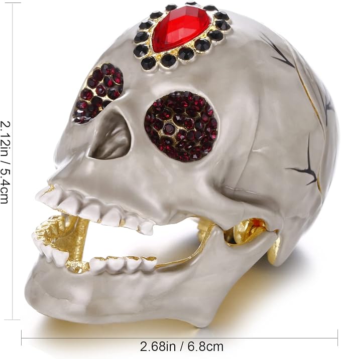 Hand Painted Animal Trinket Box for Home Decor, Hinged Jewelry Organizer Storage, Unique Personalized Collectible Keepsake Figurine Handmade Decorative Ornament Gifts (Skull Head)