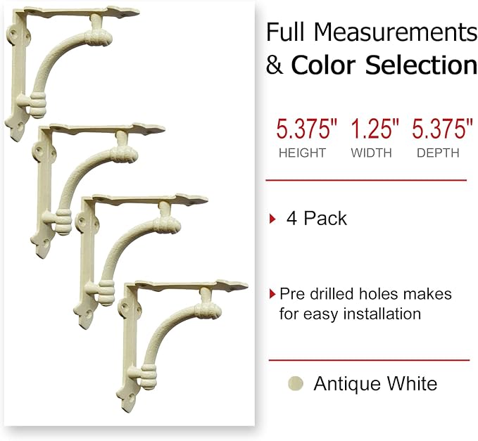 NACH Decorative Shelf Brackets, 4 Pack of 5.25 x 1.25 x 5.25 inch White Cast Iron Shelf Brackets - Decorative Brackets White - Industrial Style Brackets