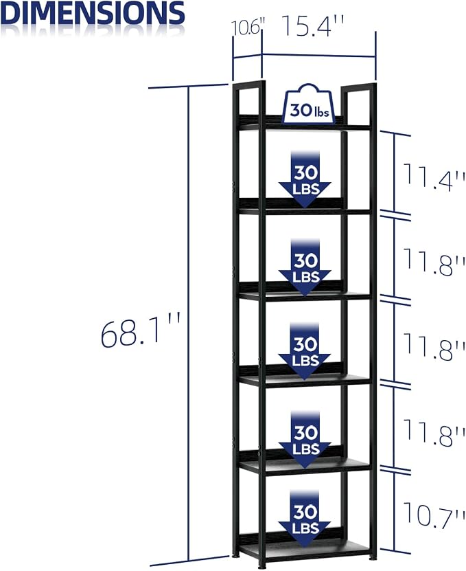 NUMENN Narrow Bookshelf, 6 Tier Bookshelves, Home Office Bookcase Shelf Storage Organizer, Free Standing Storage Shelving Unit for Bedroom, Living Room and Home Office, Black