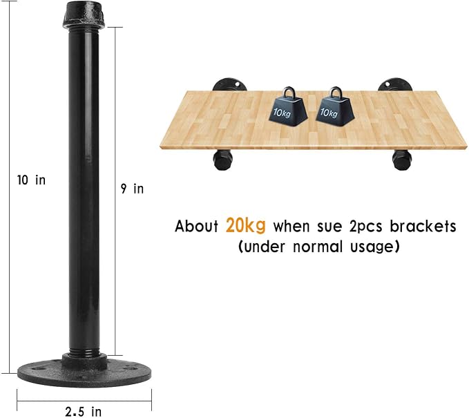 1/2" Industrial Black Iron Pipe Shelf Brackets, Rustic Wall Mounted DIY Shelving Bracket Hanging Custom Pipe Brackets for Floating Shelves (10 Inch, Piece, 4.0)