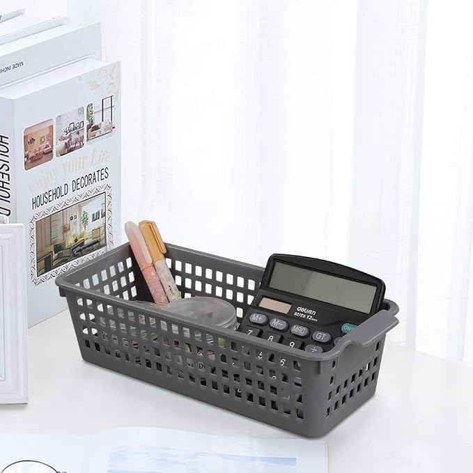Slim Storage Basket Bins, 6 Pack Grey Plastic Baskets