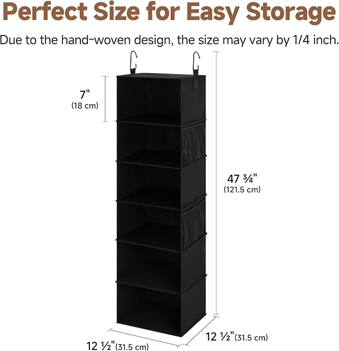 StorageWorks Hanging Closet Organizer, 6-Shelf Hanging Shelves with 2 Hooks, Foldable Space-Saving Design, Closet Organizers and Storage for Bedroom, Dorm, Locker, Black