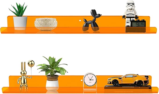 ROYALITA 2-Pack Acrylic Shelves Wall Mounted, 24 Inch Floating Shelves | for Small Items Plants Organize Wall Shelves for Gaming Room, Bedroom, Living Room, Office, Orange