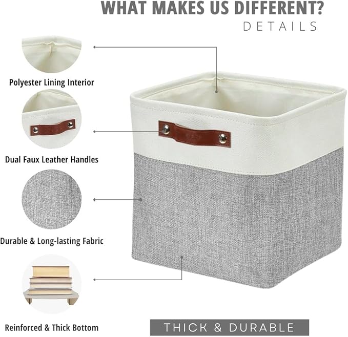 DECOMOMO Cube Storage Bin 11x11, Fabric Storage Bins, Kallax Storage Cubes (Grey & White, 4 Pack)