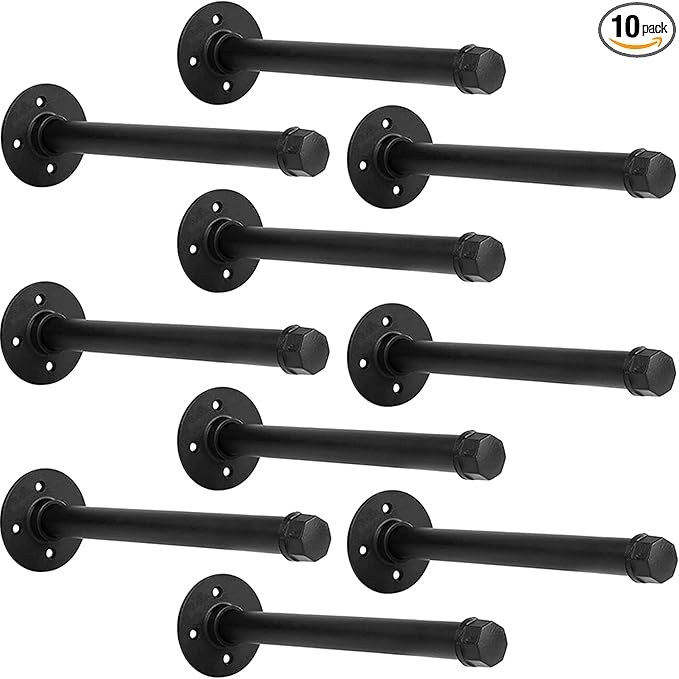 Industrial Black Iron Pipe Shelf Brackets Wall Mount DIY Shelving Brackets Pipe Decor Wall Rustic Garment Rack Hardware Included, 16 Inch Set of 10