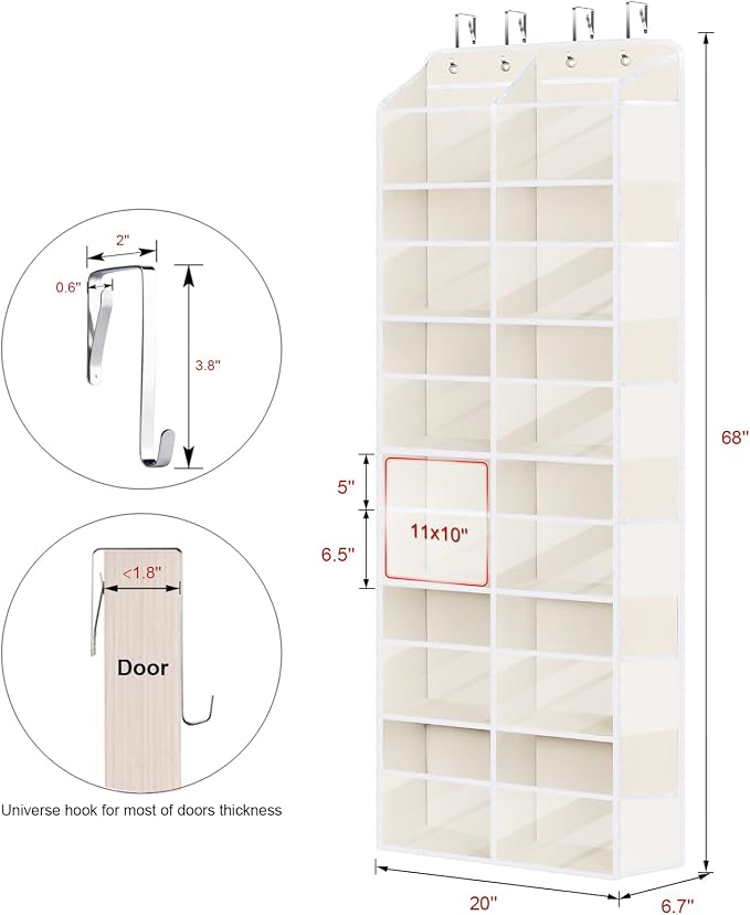 Univivi Over the Door Organizer, 6 Tiers Behind Door Storage with Clear Deep Pockets Hanging Organizer for Closet, Bedroom, Nursery, Bathroom and Sundries (Beige)