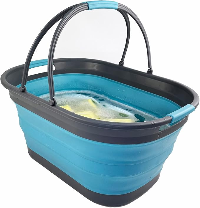 SAMMART 38L (10 Gallons) Collapsible Plastic Laundry Basket - Foldable Storage Container/Organizer - Portable Washing Tub - Space Saving Laundry Hamper (Grey/Crystal Blue)