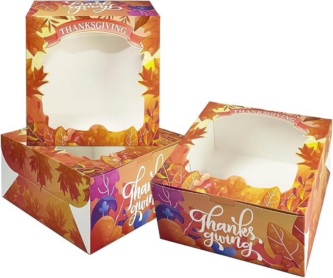 qiqee Thanksgiving 4pcs 10x10x5 inches Cake Boxes with Window 4Packs, 10 Inch Bakery Boxes Orange Maple Leaf Thanksgiving (4 cake boxes +4 Cake Boards Included)