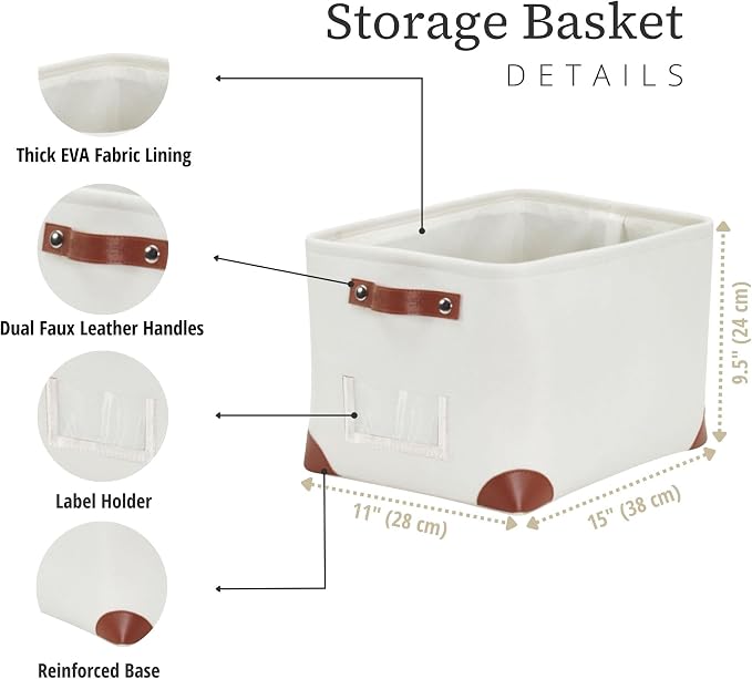 DECOMOMO White Storage Bins Fabric Storage Baskets for Shelves & Linen Closet Organization (Creamy White W/ Label holder, Large - 3 Pack)